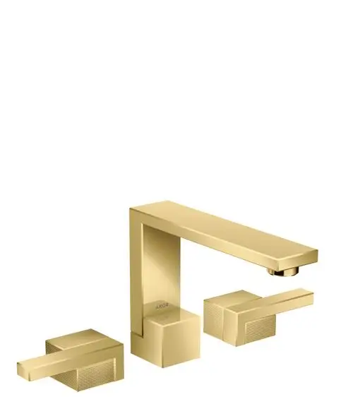 Drei-teilige Waschtischarmatur in Goldoptik mit glattem Design. Marke AXOR, umfasst zwei Griffe und einen Wasserhahn mit Push-Open Ablaufgarnitur.